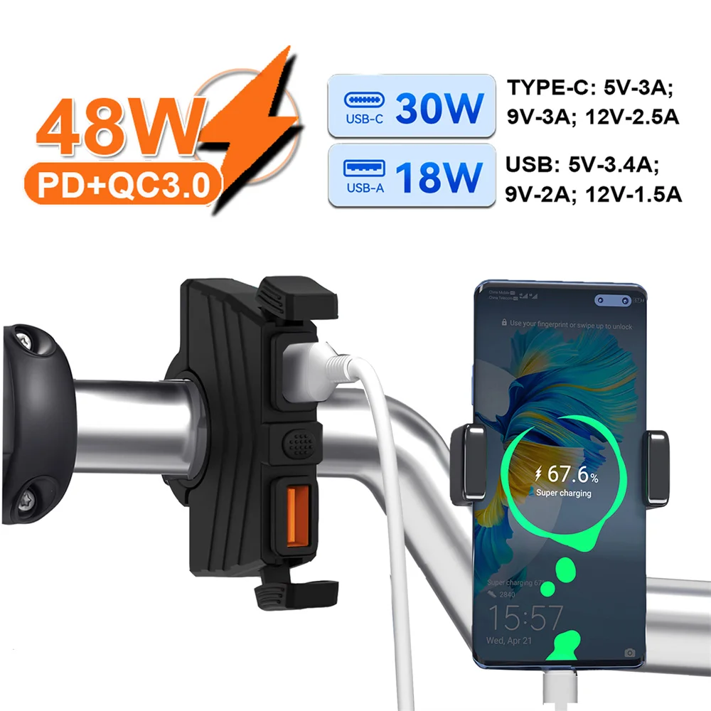 

48W PD+QC3.0 Phone Charger Motorcycle Handlebar Quick Charging Socket Waterproof Type C USB Power Adapter For GPS Navigation