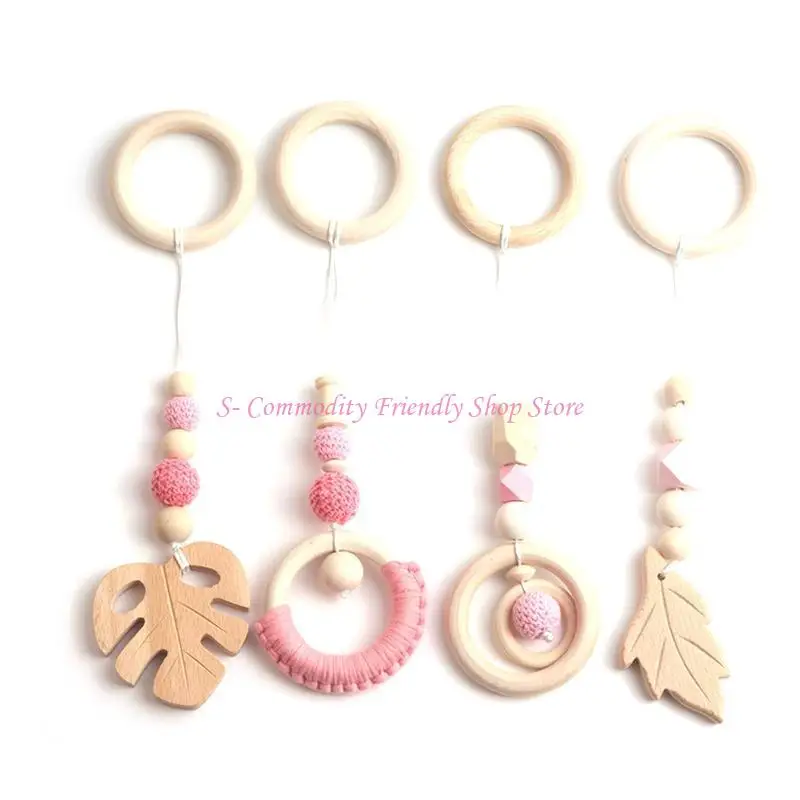 85AE 4 Pcs Baby Gym Frame Pendants Stroller Rattle Wooden Ring Beads Teether Hanging Mobile Bed Infants Newborn Nursing