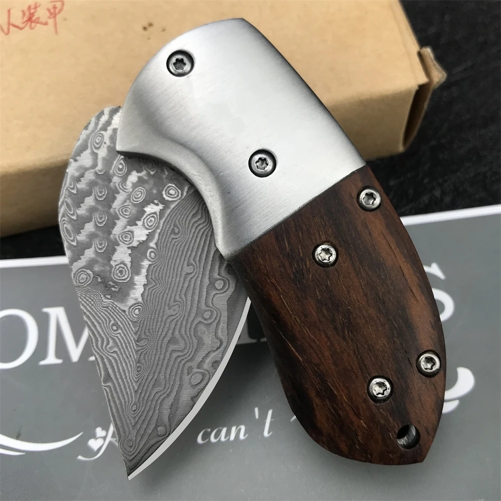 Small MINI Folding Knife Damascus Steel Blade Sandalwood + Stainless Steel Handle Pocket Knife Outdoor EDC Camping Hiking Tool