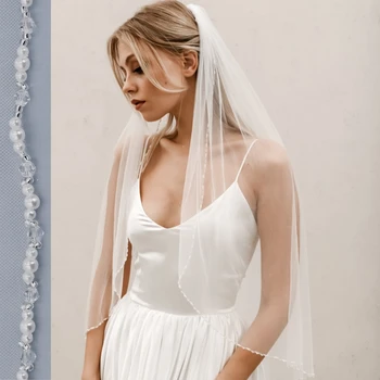 크리스탈 비즈 웨딩 베일, 신부 헤어 액세서리, V107, 1 단 손가락 끝 길이, 부드러운 얇은 명주 그물