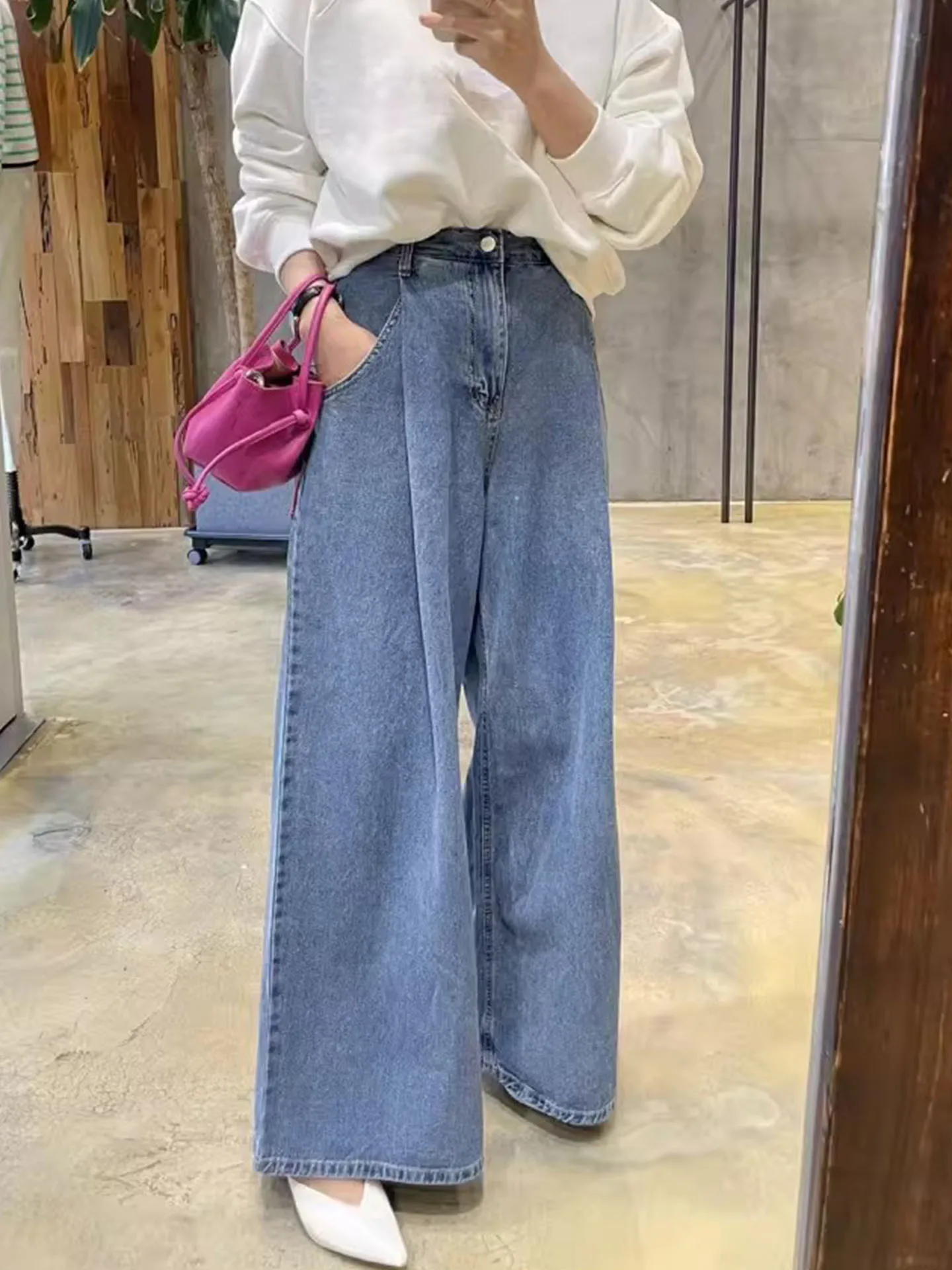 

High Waist Straight Leg Vintage Washed Denim Pants Women's Early Spring New Design Pressed Pleat Wide Leg Trousers Long Pants