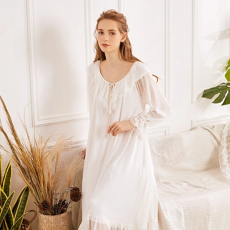 

Vintage Nightgown Women White Mesh Romantic Victorian Lace Peignoir Lolita Nightie Princess Sleepwear Fairy Long Night Dress