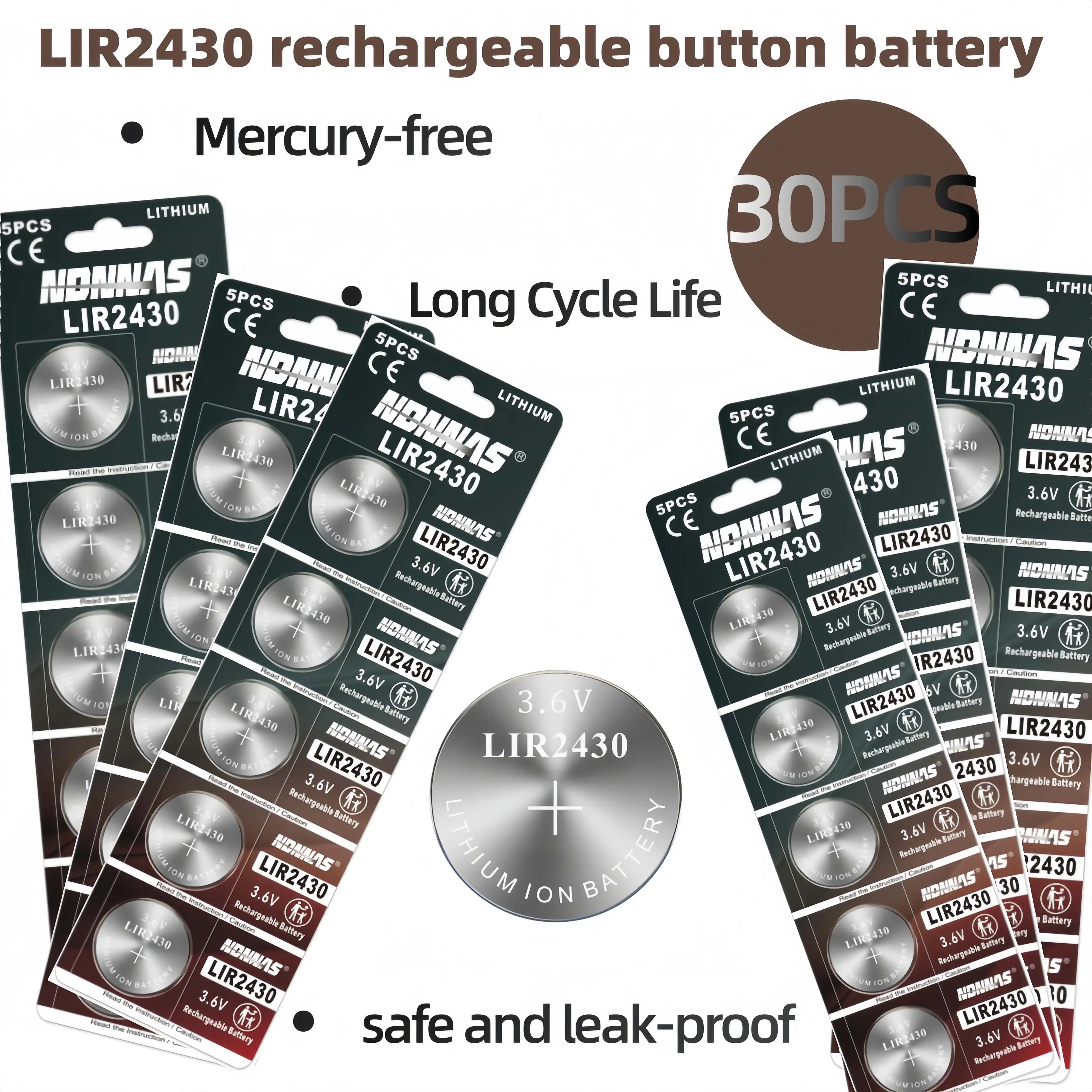 

5-30pcs LIR2430 3.6V 60mAh Rechargeable Lithium Coin Battery For Car Key Watch Toys Remote Replace CR2430 Battery