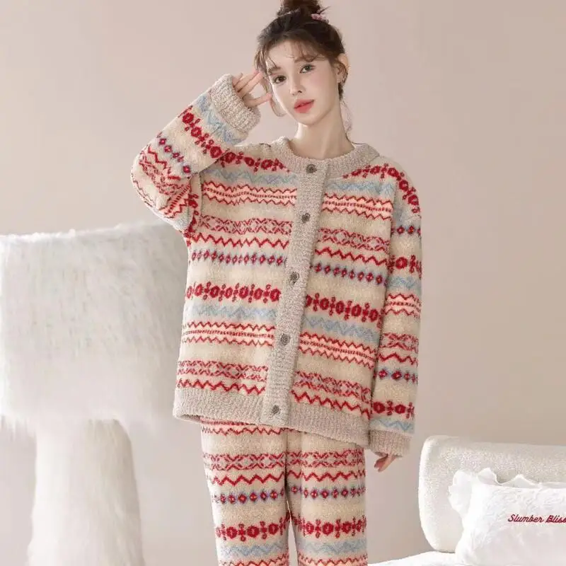 الخريف الشتاء الدافئة المخملية ملابس خاصة المرأة الرجعية الراقية الشعور بيجامة مجموعة مريحة كبيرة الحجم النوم المتسكعون في الهواء الطلق #4