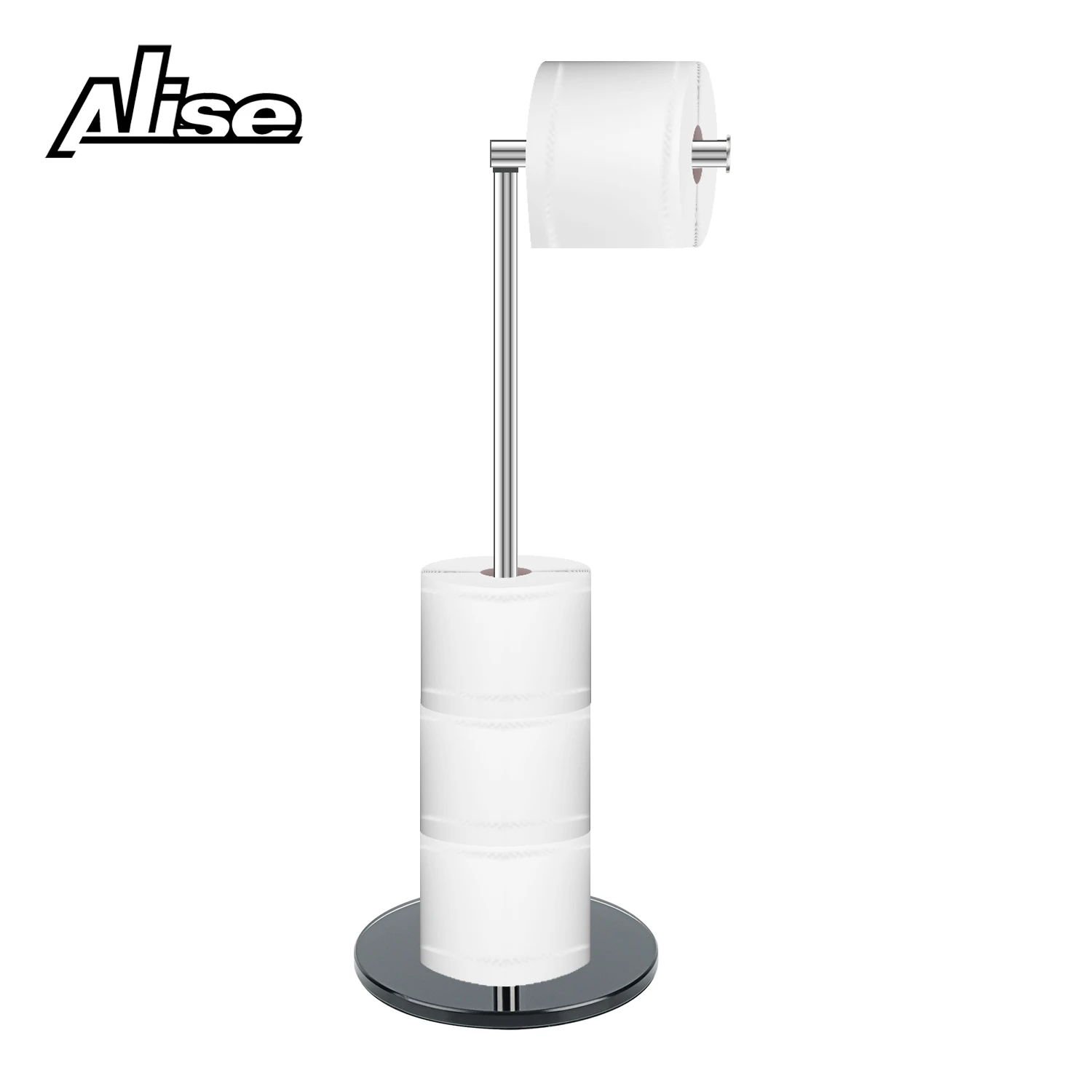 Floor Standing Toilet Paper Holder Black Toilet Roll Holder for Bathroom 304 Stainless Steel Pole 12MM Thick Tempered Glass Base