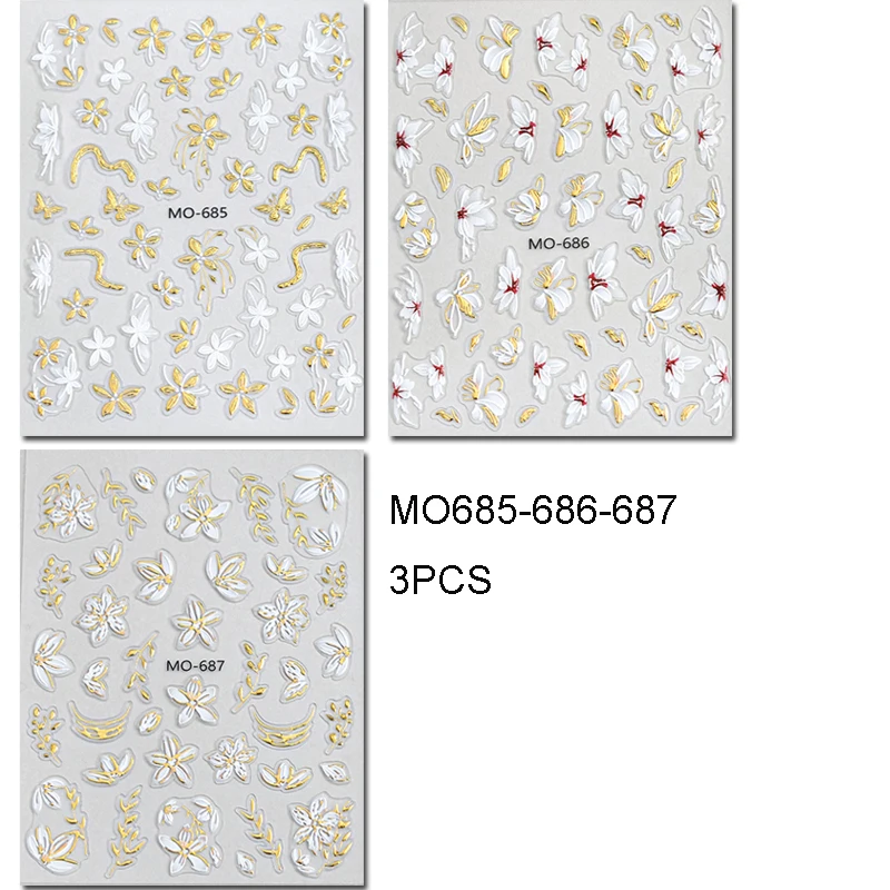 3 قطعة 5d تنقش مسمار الفن ملصقات الذهبي زهر الأبيض الزهور الشارات زينة لمسمار نصائح عمليات تجميل الأظافر