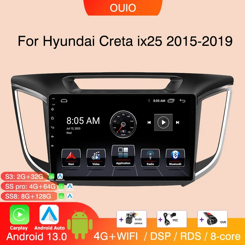 

Android 13 Radio For Hyundai Creta Ix25 2015 2017 2019 Car stereo Multimedia Player Carplay Auto GPS navigation 2DIN DSP 4G