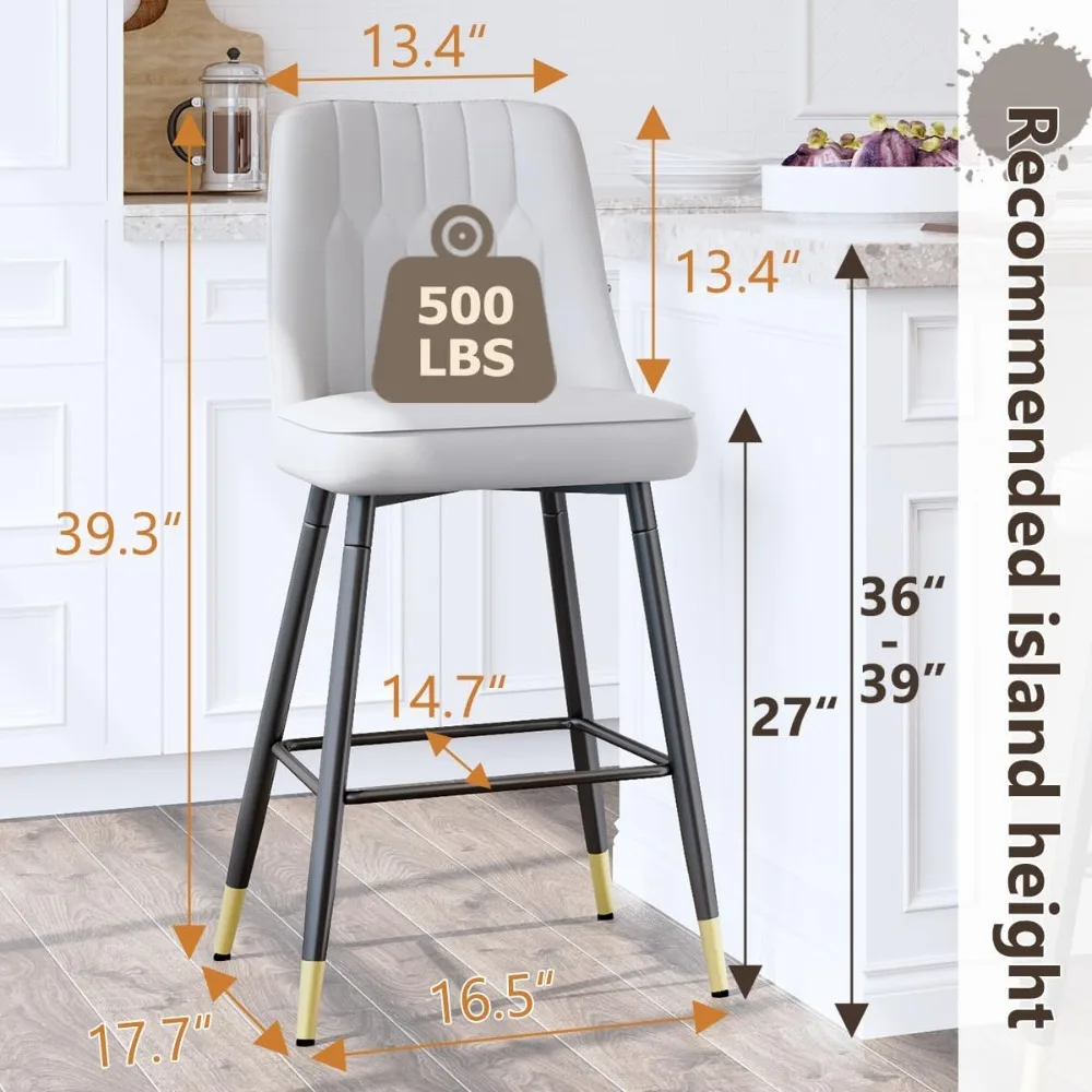 Counter Height Bar Stools Set of 4,Modern Bar Stools Set of 4,Light Grey Faux Leather Barstools with Back and Footrest.