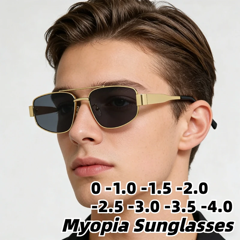 

2026 New Fashion Metal Double-Bridge Myopia Sunglasses Unisex Retro Oversized Frame UV-Protective Shades Diopter 0 To -4.0