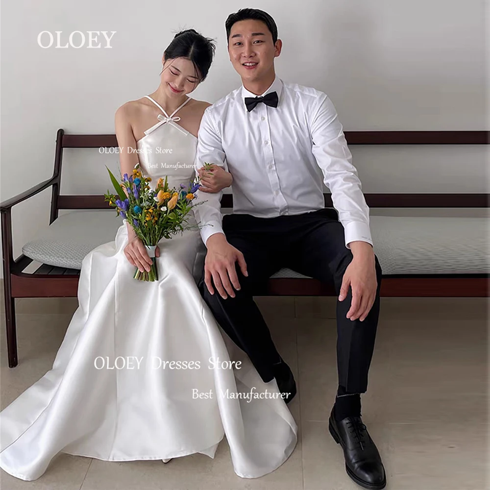 

OLOEY Simple Satin Wedding Dresses Korea Photoshoot Sleeveless Halter Bridal Gowns Vestido De Noiva Floor Length A Line Corset