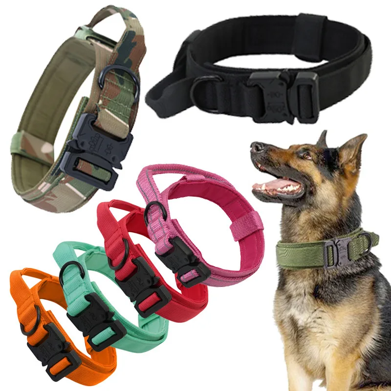 Collare tattico riflettente Collare per cani in nylon da addestramento militare regolabile Collare per cani con manico Collare per cani a sgancio