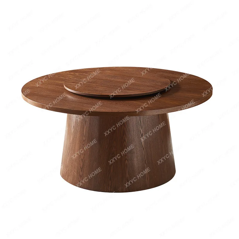 Solid Wood round Table Rattan Dining Chair Combination Restaurant Hotel with Electric Turntable Dining Table