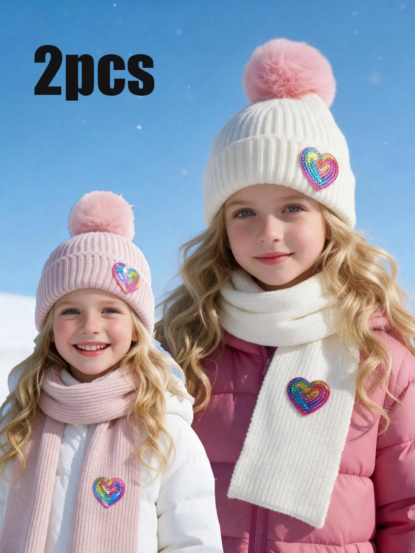 2pcs 3-8Y Kids Girls Cute Sequin Heart Knit Set, Beanie & Scarf Kit for Little Girls