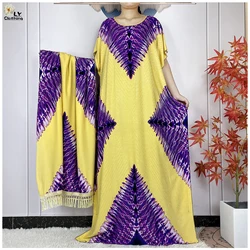 2024 New Muslim Women Dashiki Printed Dress Flower Diamonds Loose Dress With Big Scarf Islamic African Women Short Sleeve Abaya