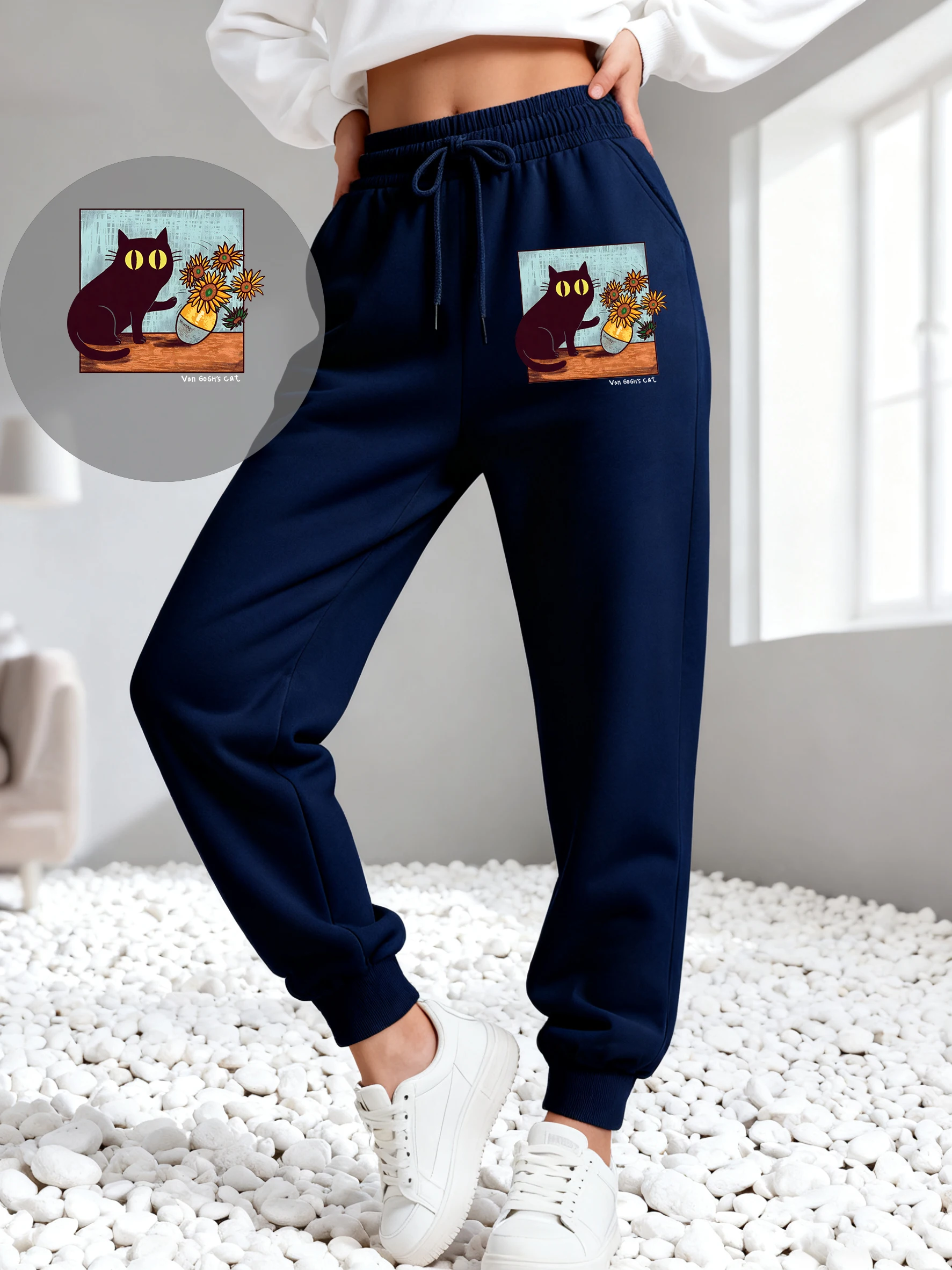 Sonnenblumen Ölgemälde Katze Druck Frauen Jogginghose Sport Fleece Jogging Hosen Mode Herbst Hosen Kordelzug Tasche Hose