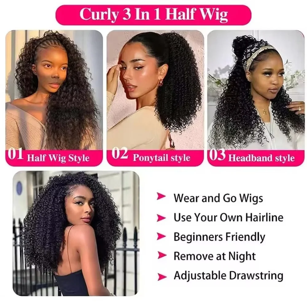 Kinky Curly Human Hair Half Wig Glueless Wig Headband Wig Upgrade 3 IN 1 Half Wig With Drawstring Seamless Clips Wig For Women