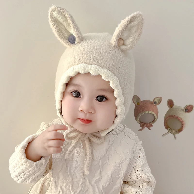 

Cartoon Baby Knitted Hat Autumn and Winter Warm Ear Protection Hat Baby Beanie Cute Solid Color Bunny Ear Ear Protection Hat