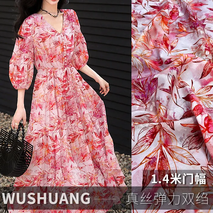 Vintage Pink Maple Leaf Print Silk Stretch Crepe De Chine Fabric Mulberry Silk Material For Dresses Blouse