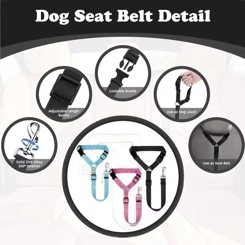 Solid Color Two-in-one Pet Car Seat Belt Nylon Lead Leash Backseat Safety Belt Adjustable Dogs Harness Collar Pet Accessories