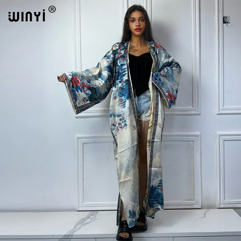 

WINYI 2024 High-quality Double-sided Print Silk feel Dress Beach Wear Boho Cardigan abaya women muslim dress Long Sleeve Kimono