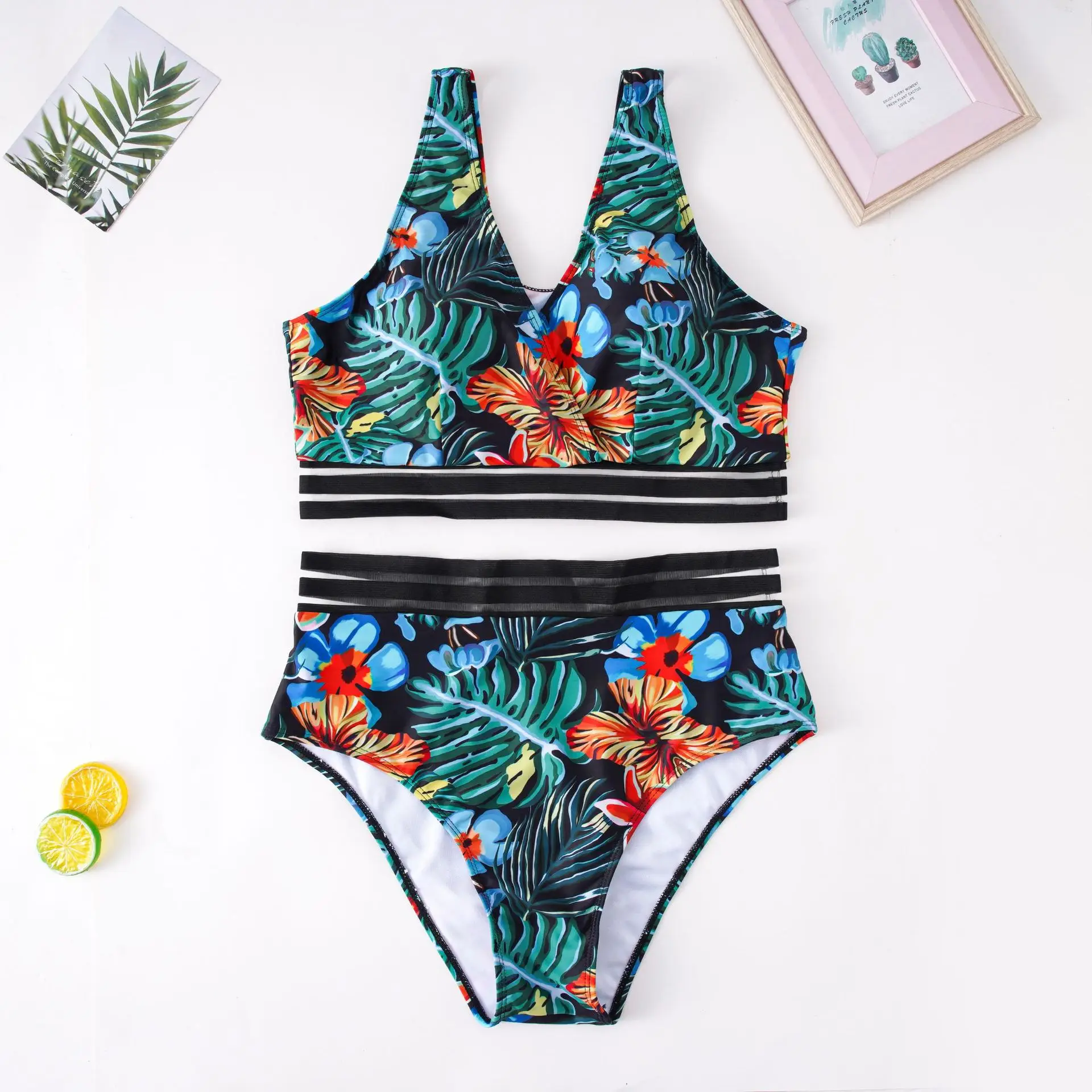 Plant Floral Print Plus Size High Waist Bikini Swimwear Women\'s Swimsuit Beachwear Bathing Suits