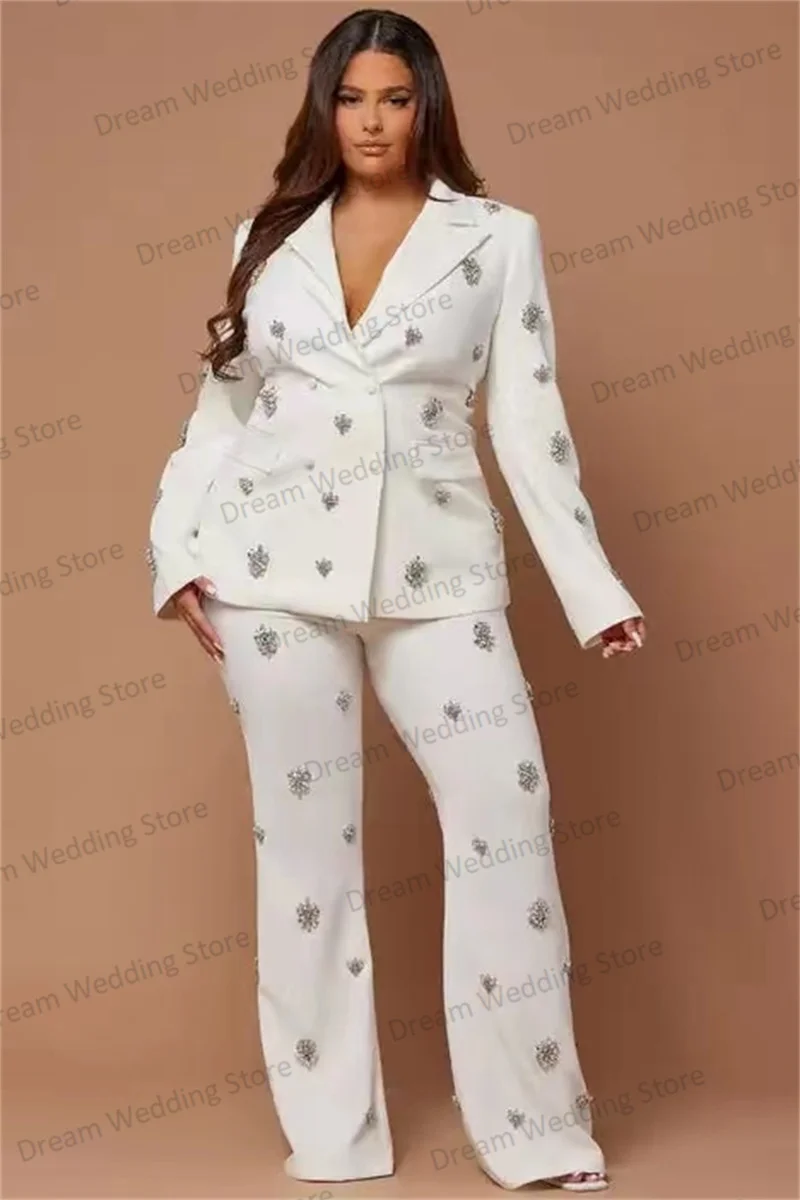 Luxury Crystals Women Suit Set Blazer+Pants White Elegant Custom Made Wedding Tuxedos 2 Pieces Formal Office Lady Female Jacket