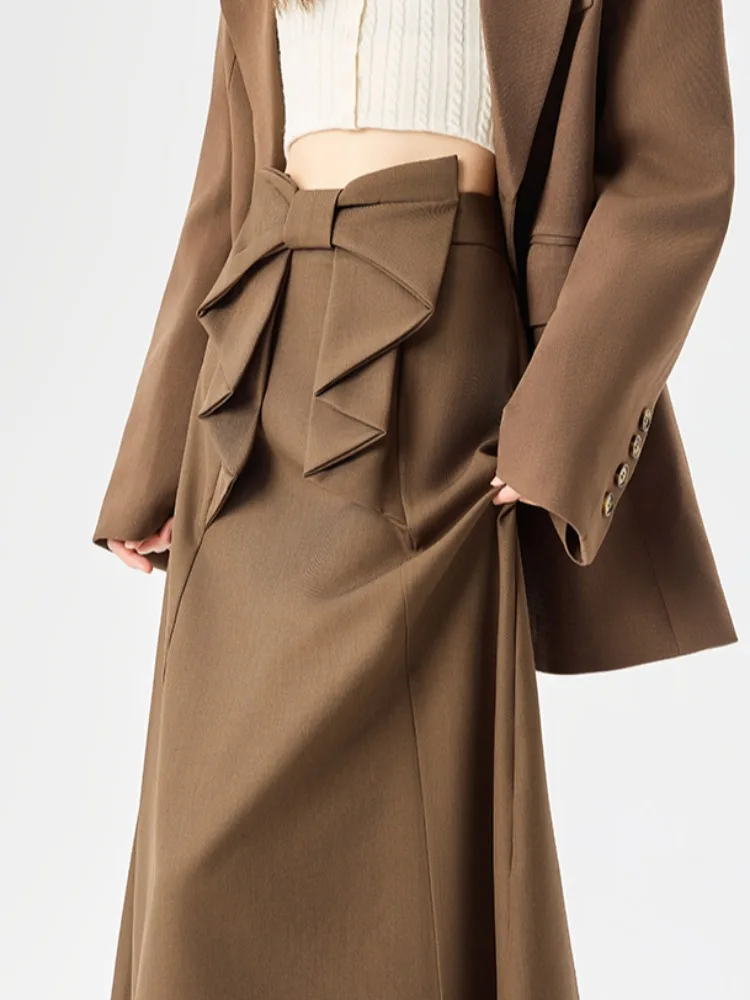 Ele Retro Knot Suit Skirt Women's Spring Autumn A-Line Straight Umbrella Skirt Large Swing Mid-Length Skirt