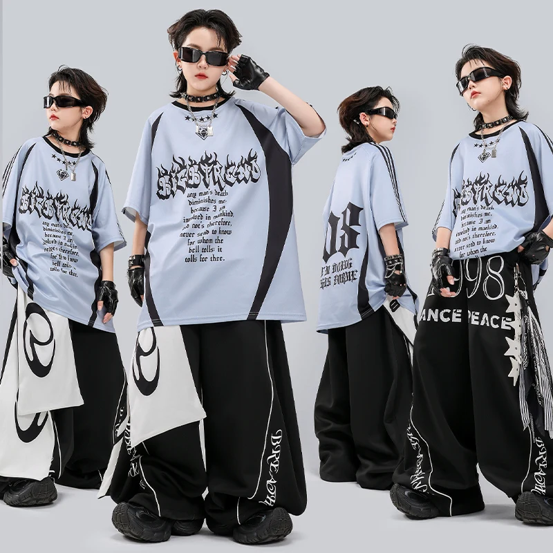 

Kids Hip Hop Outfits Blue Graphic T-Shirt Baggy Pants 2 Piece Set for Boys Girls Streetwear Dance Performance Stage Costume