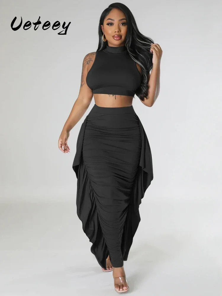 Ueteey Damen-Set, einfarbig, Rüschen, seitlich, figurbetont, Midi-Maxiröcke, Set und Tanktop zum Binden am Rücken, 2024, zwei 2-teiliges Set, tägliche Outfits