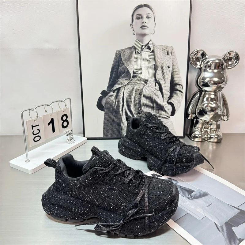 

Women's Dad Shoes with Diamond Detailing Thick Sole Breathable Sporty Casual Shoes Summer 2025 round Toe mid Heel