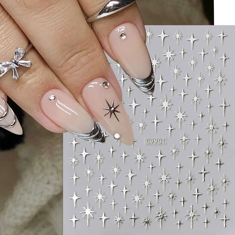 6 Colors Sliver 3D Metal Laser Starburst Nail Stickers Vibrant Y2K Nail Art Decorations for Gender-Neutral Manicure Nail Designs
