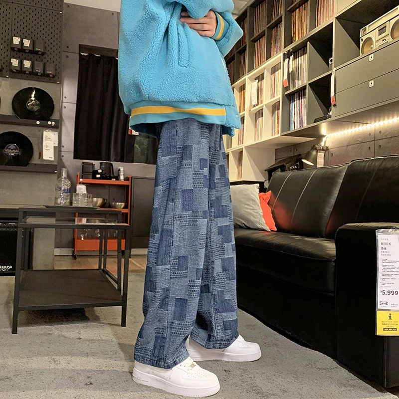 

Retro Japanese Style Patchwork Color Block Plaid Men's High Street Hip Hop Loose Elastic Waist Wide Leg Casual Jeans