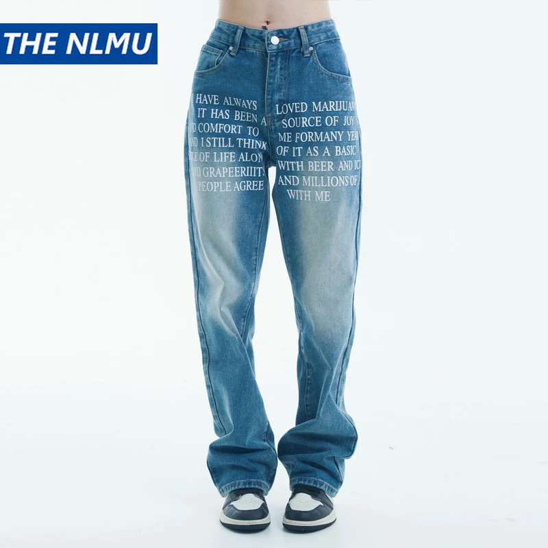 

Blue Baggy Jeans Men Letter Printed Straight Denim Pants Fashion Jeans Male Streetwear Hip Hop Y2K Loose Trousers