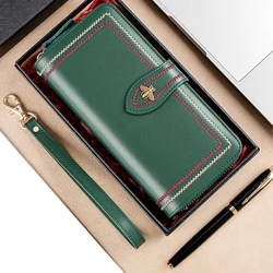 Women Card Holder Genuine Leather Wallets Clutch Female Purses Long Money Bag Zipper Coin Bee Luxury Brand Wristlet Phone Hasp