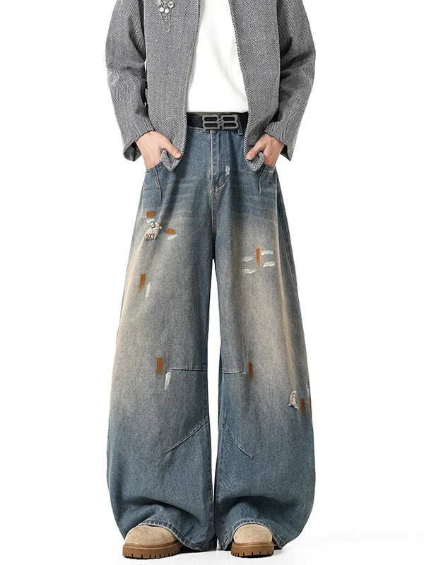 

American High Street fiti Waed Vintage Design Loose Wide Leg Jeans for Men Spring Autumn Casual Comfortable Cotton Pants