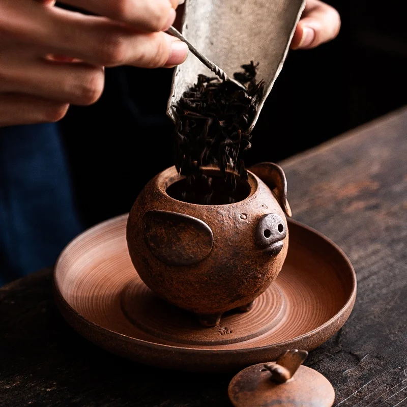 150ML Old Rock Mud Coarse Pottery Pig Teapot Retro Ceramic Tea Brewing Pot Kung Fu Teapot Hand-held Tea Kettle Tea Ceremony