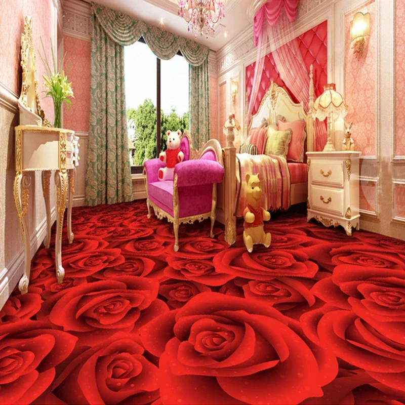 Papier peint auto-adhésif 3D motif fleur de Rose rouge, autocollant de sol en PVC, imperméable, pour salon, chambre à coucher, salle de bain