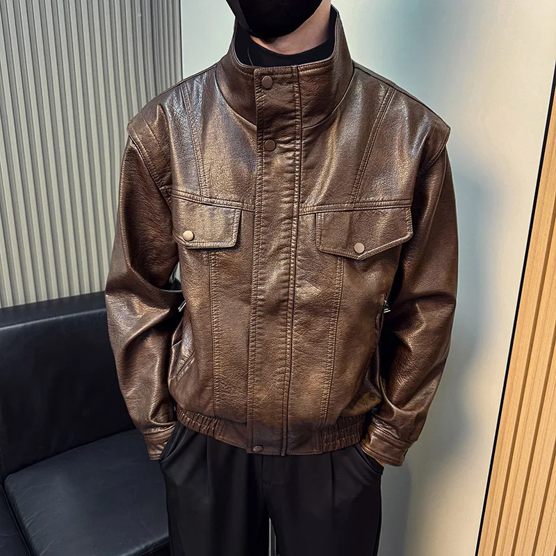 

Vintage Stand Up Collar Motorcycle Leather Jacket Men's Korean Fashion Casual Business Social PU Leather Jacket Men's Clothing