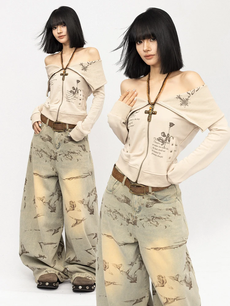 

OCTTFLAB Американский ретро-свитшот с длинными рукавами и принтом в стиле Hot Girl, облегающая женская модная футболка с узорным дизайном