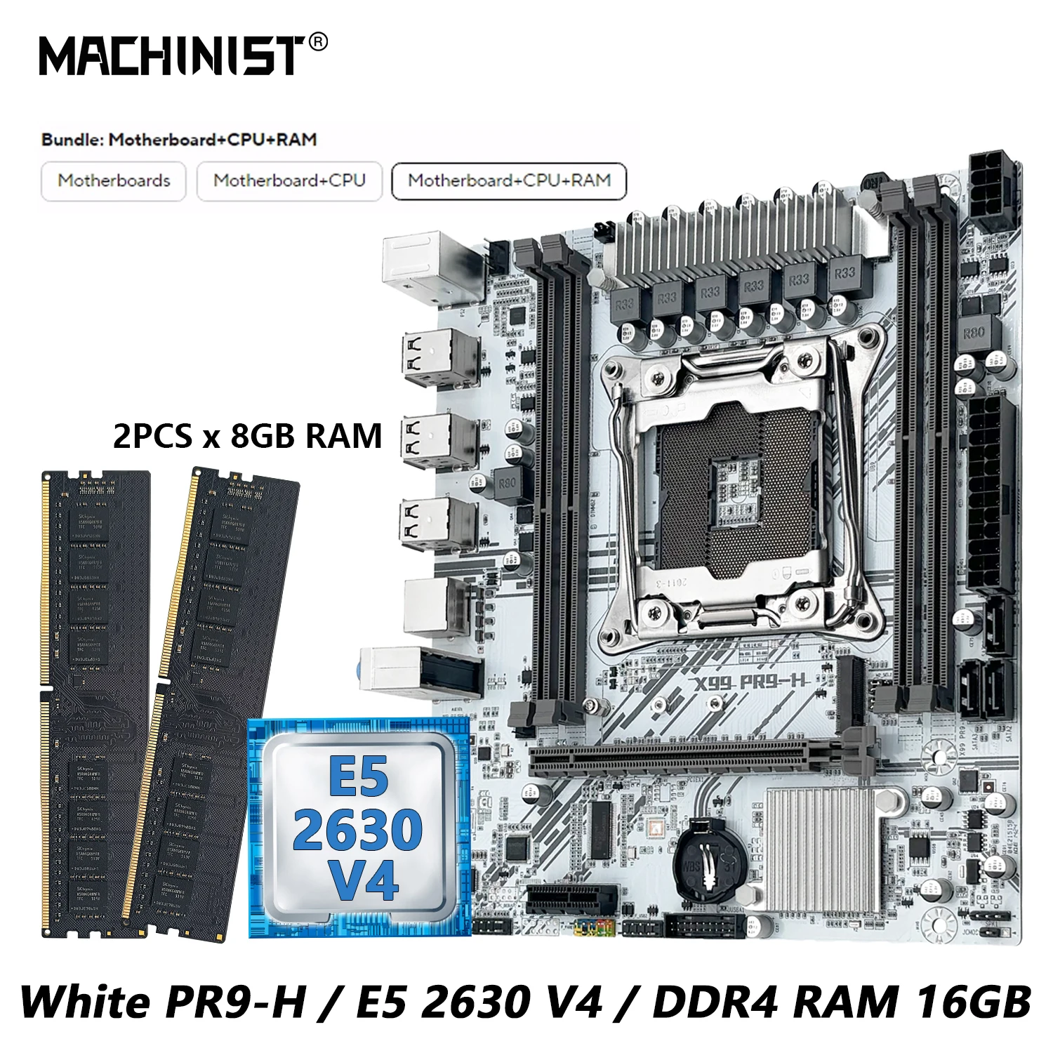 MACHINIST White X99 PR9-H Motherboard Combo Intel Xeon E5 2630 V4 LGA 2011-3 CPU DDR4 16GB RAM NVME M.2 Optional Kit Set