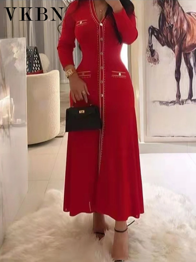 

VKBN Evening Dresses Women Casual Medium Strecth Red Full Sleeve Knitted Design Elegant Vestidos De Fiesta Autumn Winter