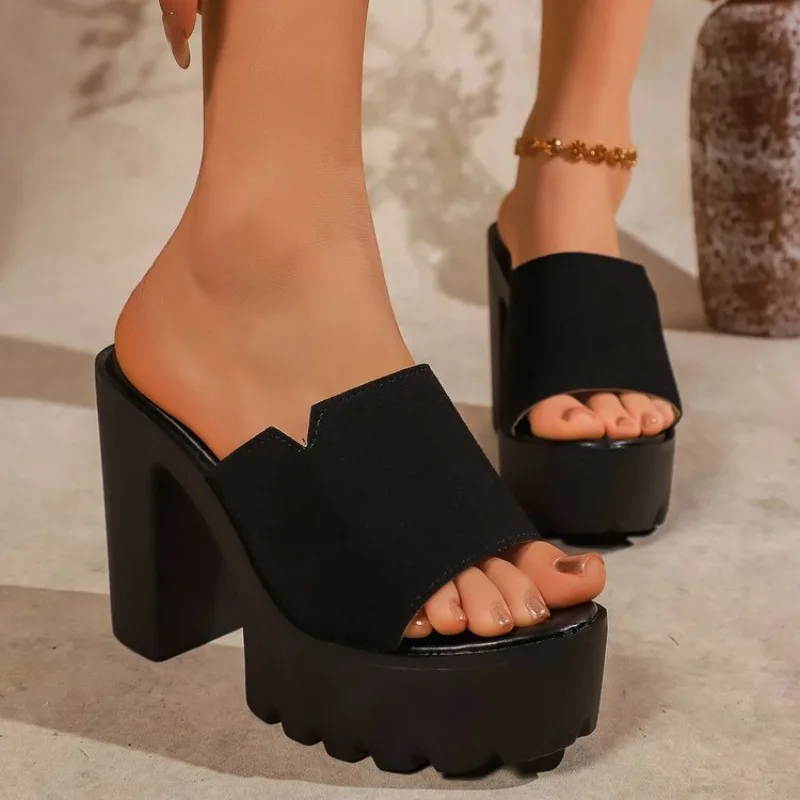 

summer 2026 Women's High Heel Slippers Outdoor Wear Platform Thick Bottom One-Step Slip-On Toe-Shown Shoes