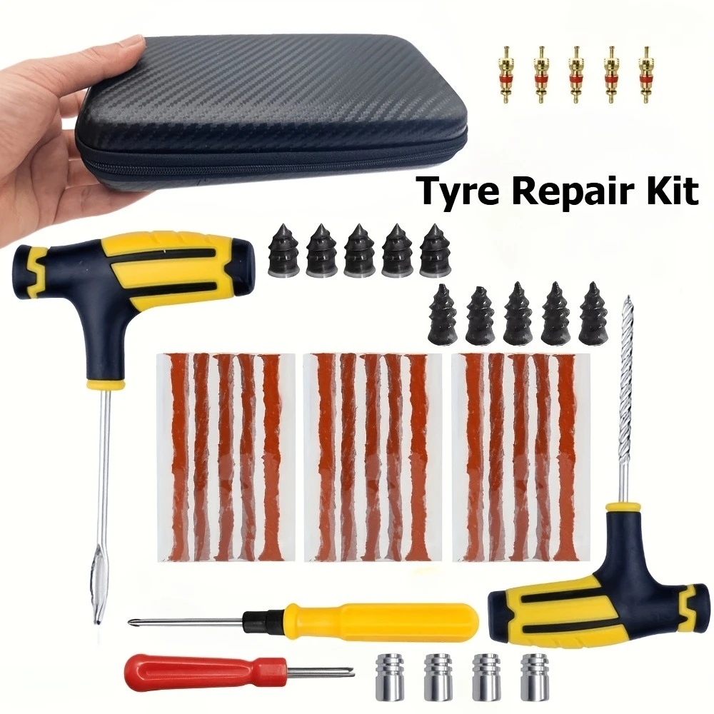 Universal Emergency Tyre Repair Kit w/ T-Handle Rubber Strips Nails Valve Cores Portable Storage Case For Car Motorcycle Bicycle