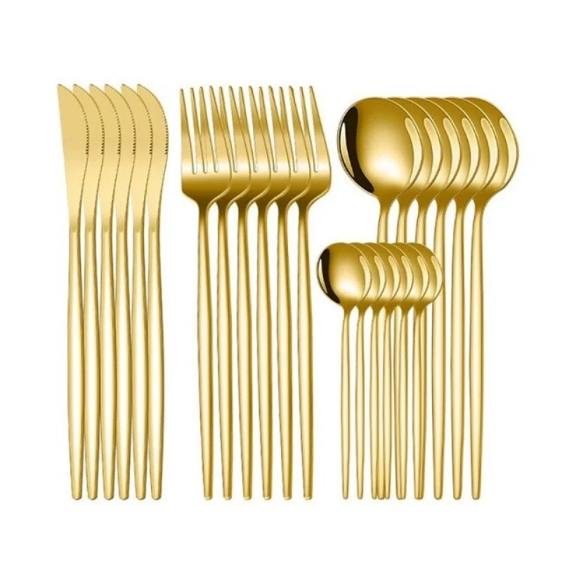 

24pcs Gold Dinnerware Set Stainless Steel Steak Knife Fork Coffee Spoon Teaspoon Flatware Dishwasher Safe Kitchen Tablewar