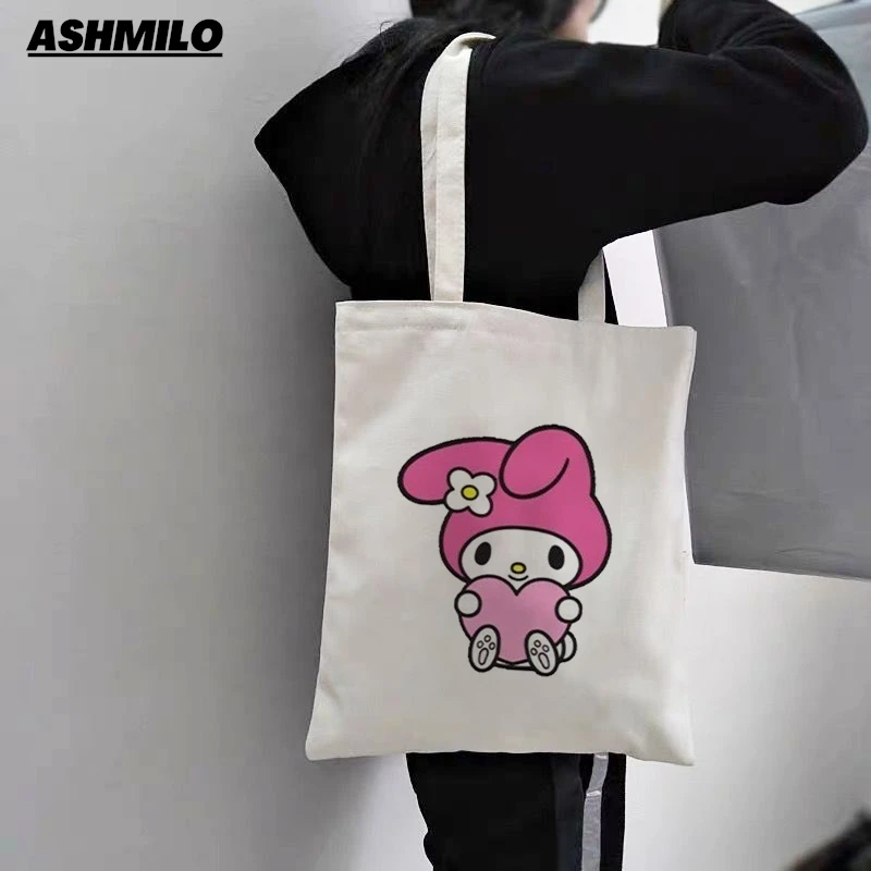 Cute Melody Cartoons Prints Handbags Canvas Shoulder Bag Women Eco Large Capacity Bag Women Shopping Bag Tote Bag Shopping Bags