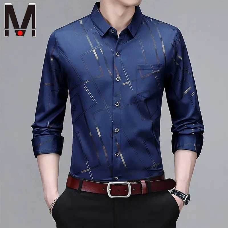 Camisa masculina casual e elegante de manga comprida estampada, top de negócios sem engomar e resistente a rugas