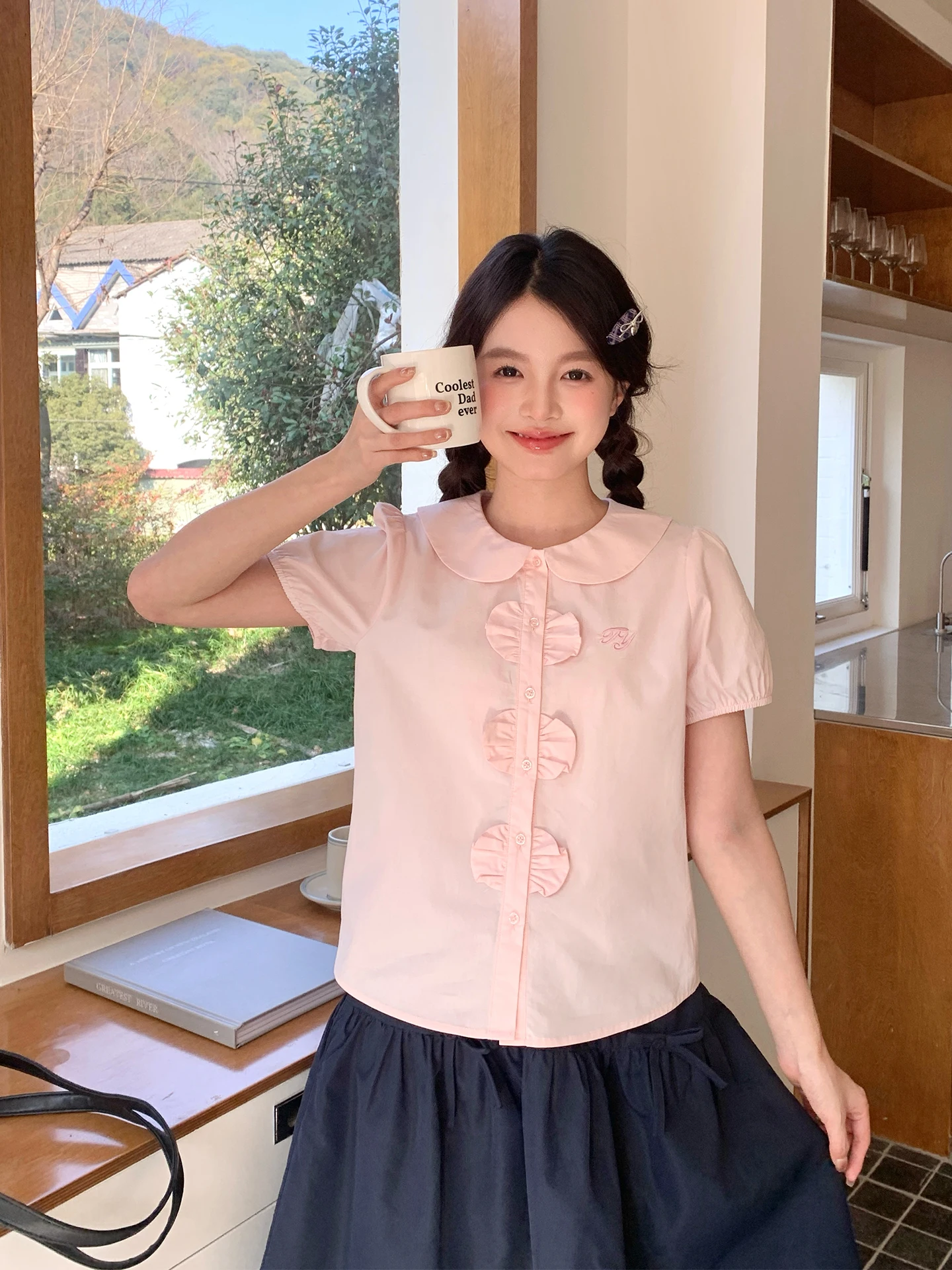 

Tokyo Annual Record JK New Pink Half Bloom Short Sleeve Shirt Women Summer School Style Sweet Doll Collar Top Cotton Breathable