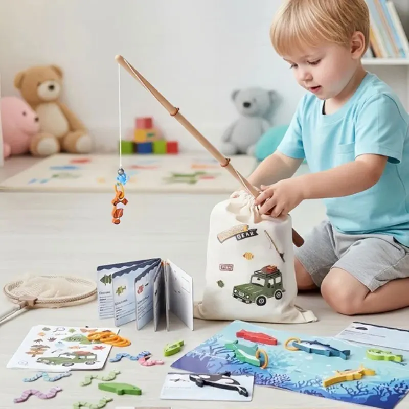 Magnetic Fishing Toy Set Shape Matching Patience Focus Wooden Montessori Educational Toy Kids Toddler Interactive Cognition Game