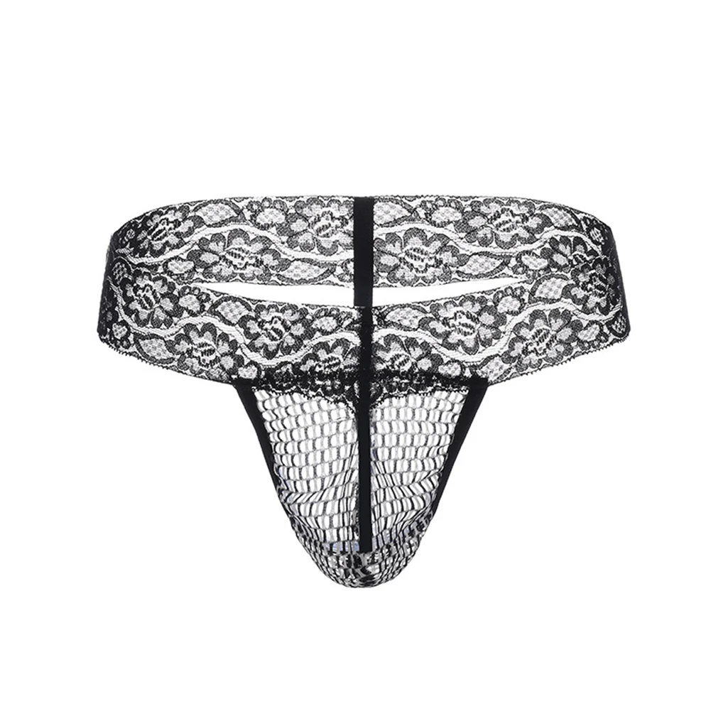 Mens Print Lace Thongs Pouch Bikini Underwear T-Back G String Open Butt Underpants Gay Briefs U Convex Pouch