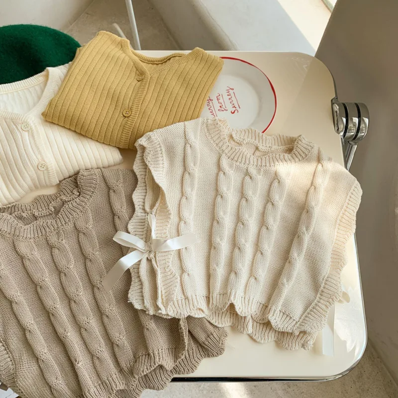 

Осень-зима 2022, хлопковый детский вязаный жилет для мальчиков и девочек, свитер, пуловер, кружевной топ без рукавов, наряд для детей 3-10 лет